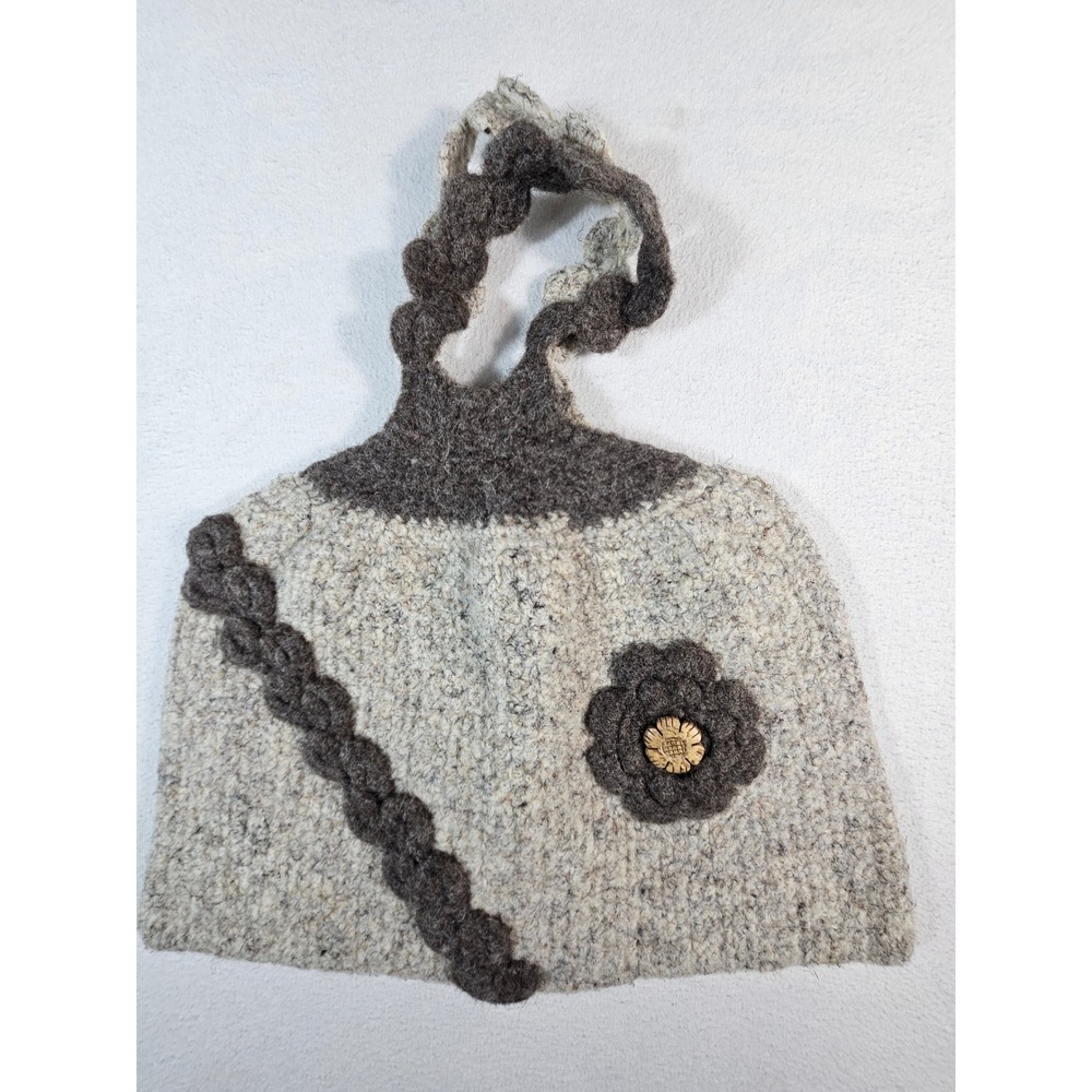 Handmade Felted Alpaca Wool Flower Tote Bag Gray Boho‎ Artisan Crochet Handbag